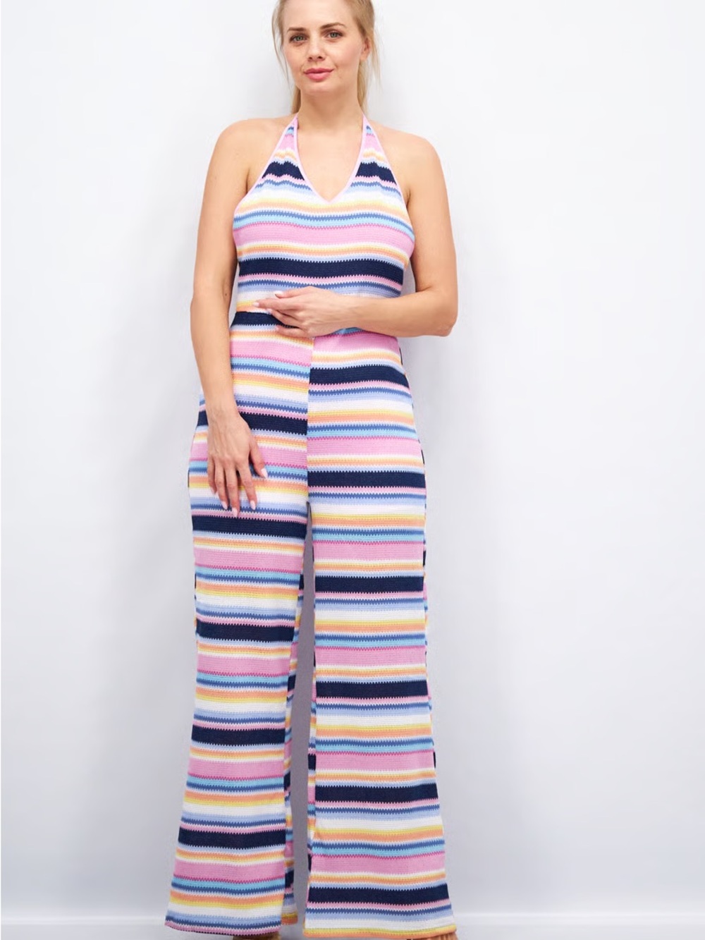 Pastel Stripe Halter Knit Jumpsuit in Pink & Navy